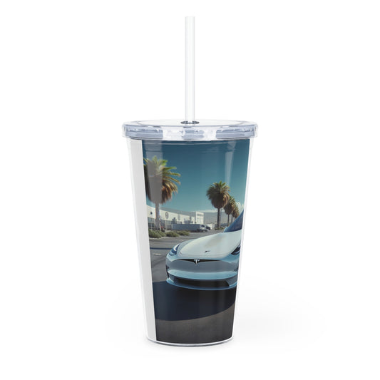 White Tesla Tumbler with Straw Mug Printify   