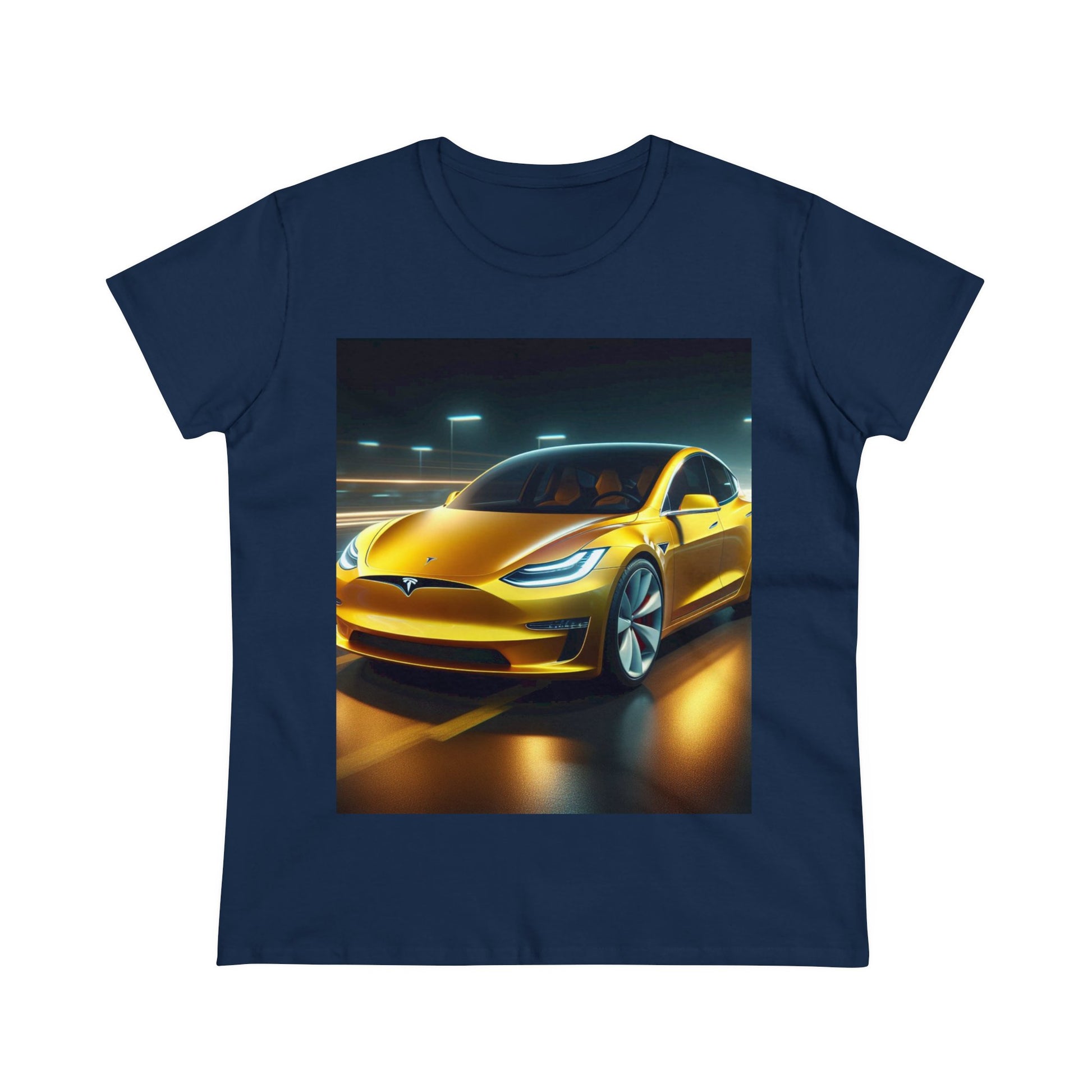 Yellow Tesla T-Shirt T-Shirt Printify Navy S 