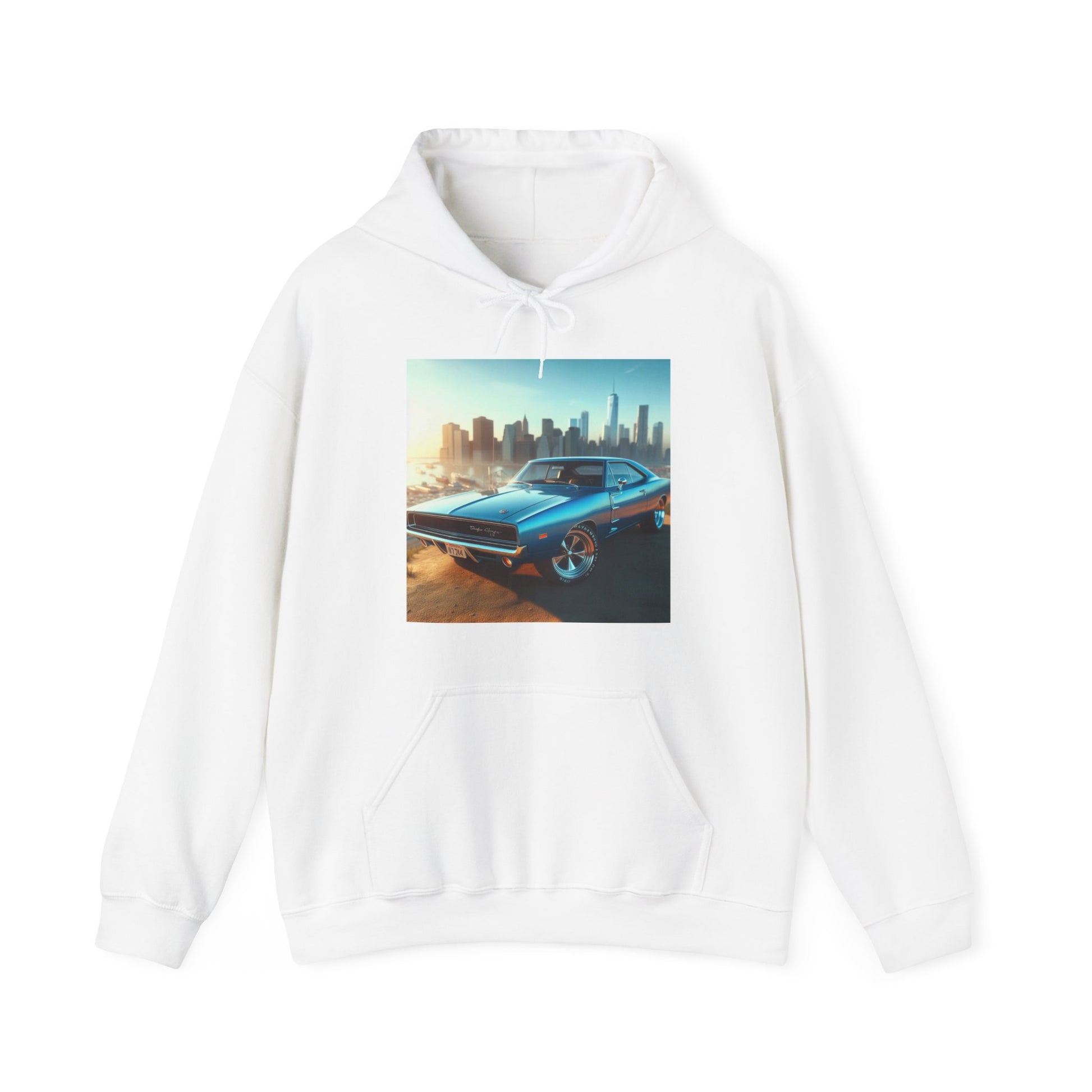 1970 Blue Dodge Charger Hoodie Hoodie Printify White S 