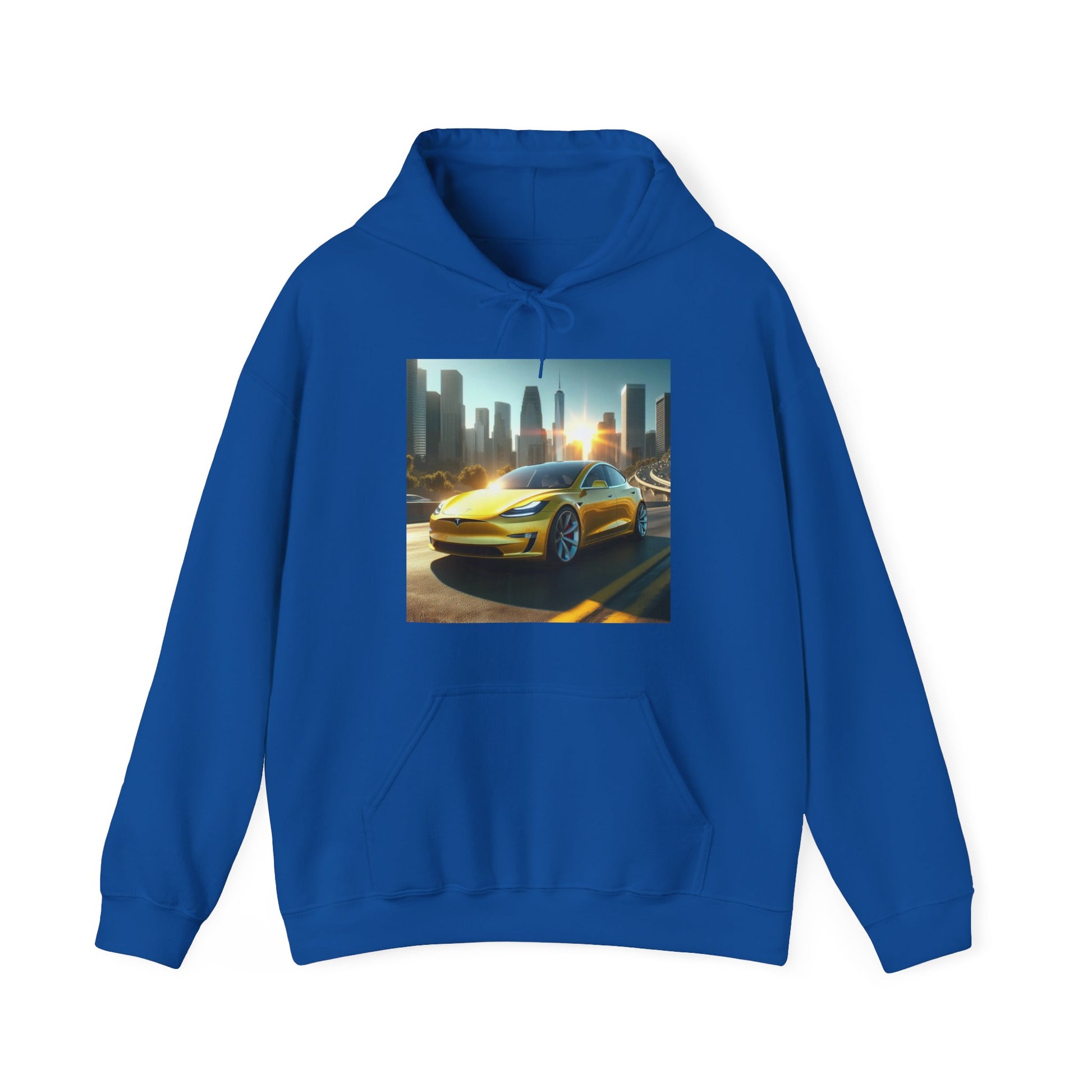 Yellow Tesla Hoodie Hoodie Printify Royal S 