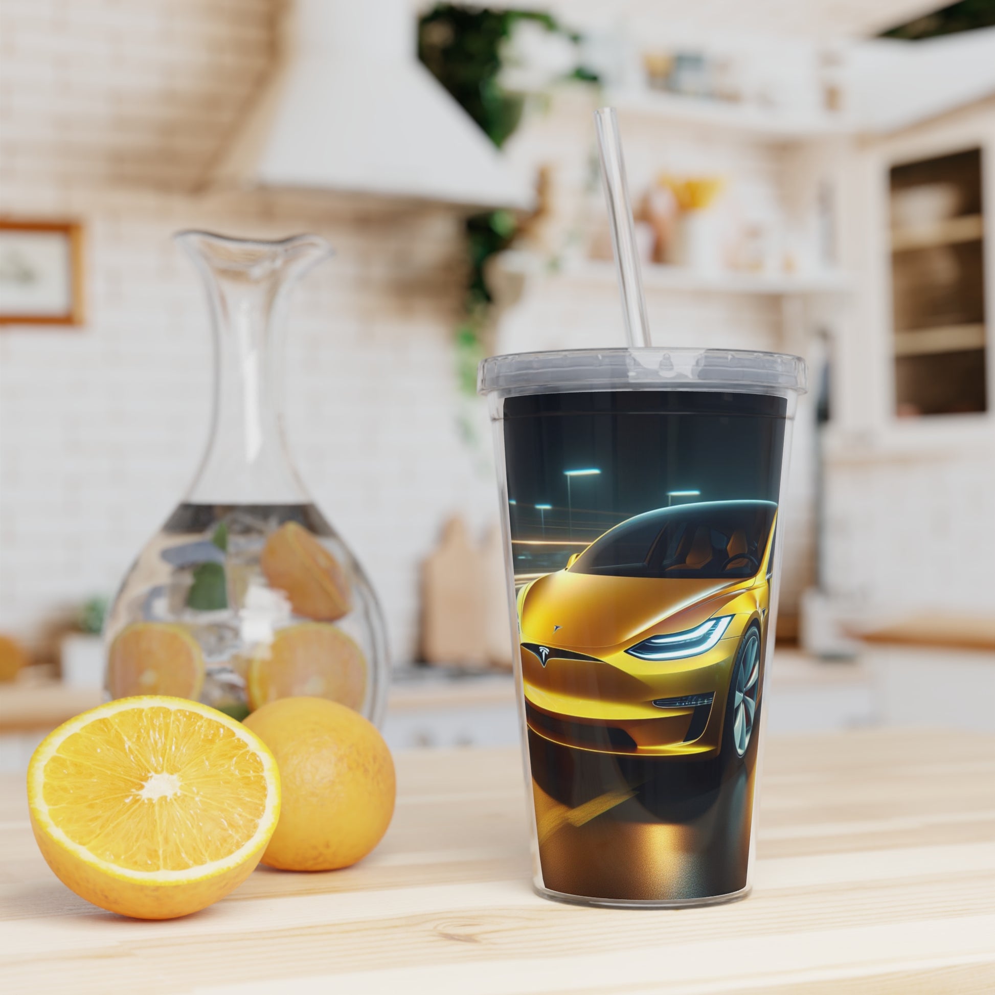 Yellow Tesla Tumbler with Straw Mug Printify   